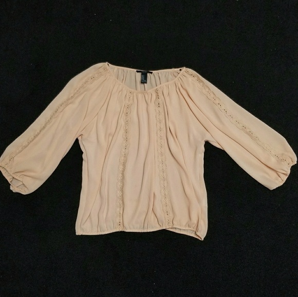 NWOT Flowy Peach Pink Blouse F21 lace ribbon trim - Picture 2 of 2